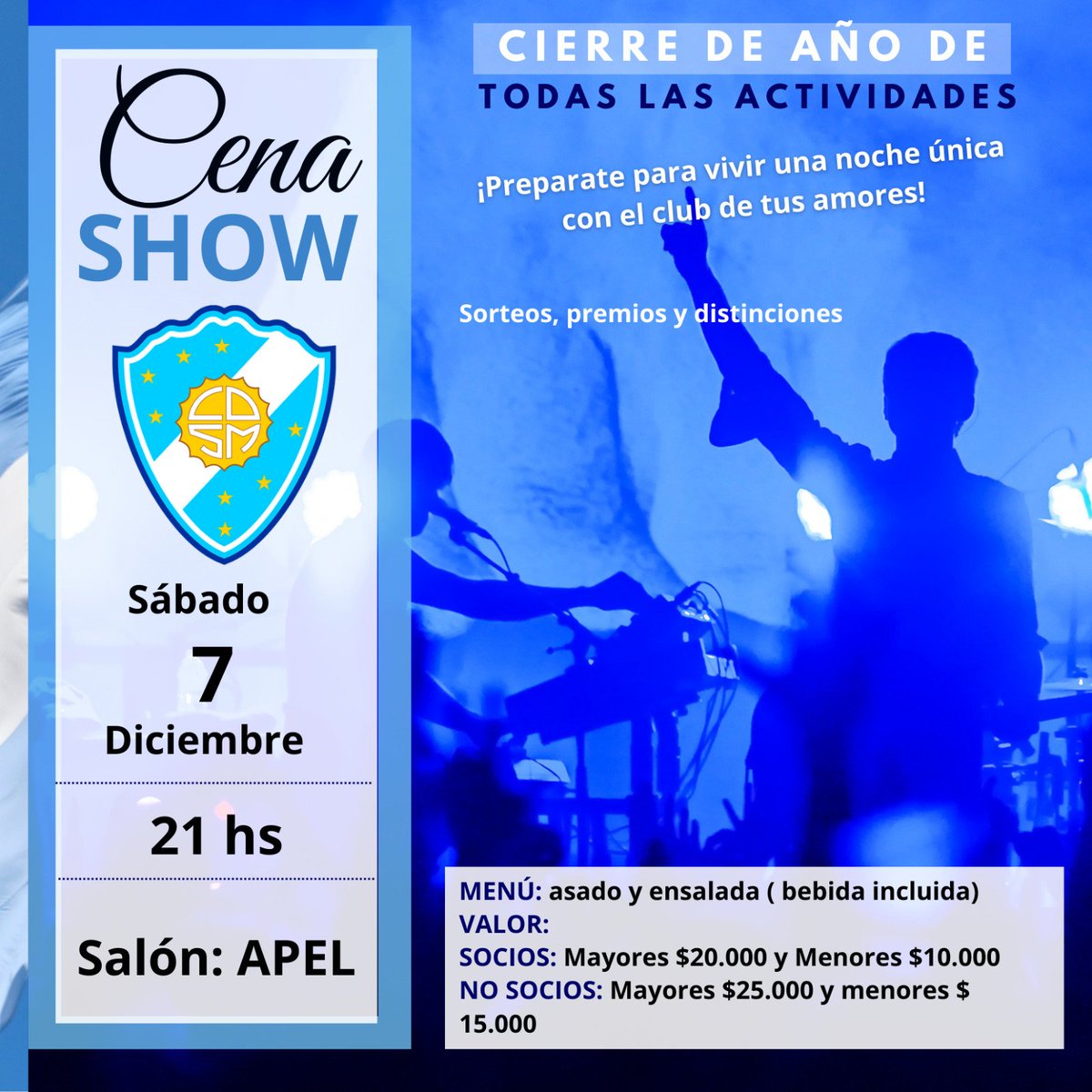 Arrancamos con la Venta de Entradas!!!!
•• Fiesta cierre de año🎉🎊🩵
➡️Puntos de venta: 
📍Secretaría de 25 de Mayo y Alsina.
📍Secretaria de Av. costanera.
📍Local de indumentaria SDM Tienda Oficial, Avda Costanera.