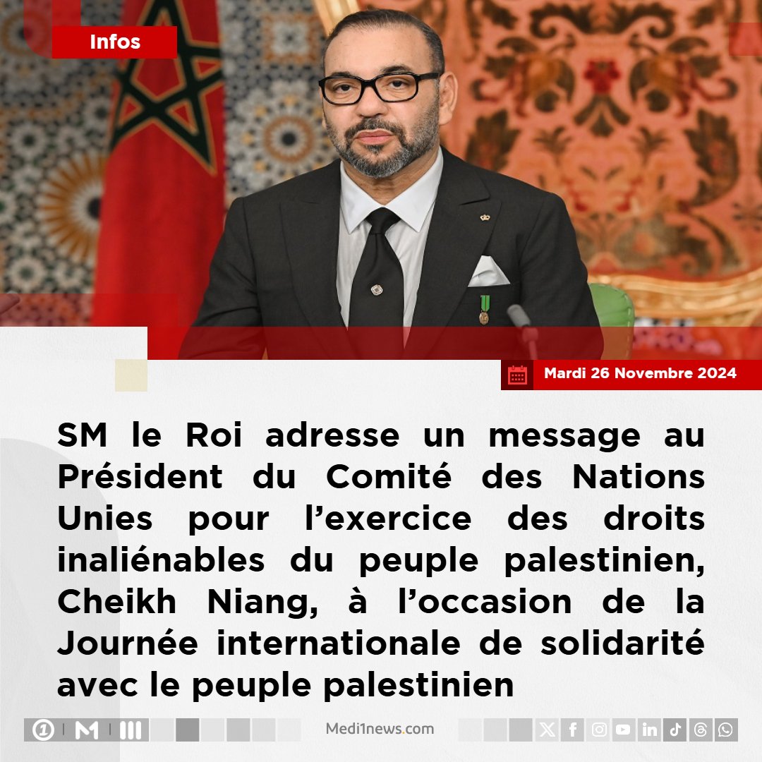 Medi1tvAfrique's tweet photo. SM le #RoiMohammedVI a adressé un message au Président du Comité des Nations Unies pour l’exercice des droits inaliénables du peuple palestinien, #CheikhNiang, à l’occasion de la #Journée_internationale_de_solidarité_avec_le_peuple_palestinien
https://t.co/SmTti1WCmk https://t.co/1T33kSc8YQ