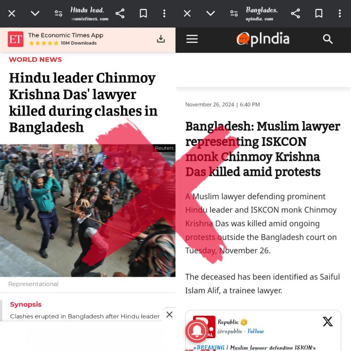 doamuslims's tweet photo. 🔴 FAKE NEWS ALERT! 

Hindutva propaganda in full swing! Hindutva media are blaming Muslims for the brutal killing of Saiful Islam in Chittagong, Bangladesh. 

Saiful Islam wasn’t fighting for the Hindutva priest. According to a post shared by the lawyer, he supported the arrest of Chinmoy, who was destabilising the country.

The lawyer for the accused (Chinmoy Krishna Das) was Dilip Kumar Nath NOT Saiful Islam! 

#Bangladesh #BanISKCON