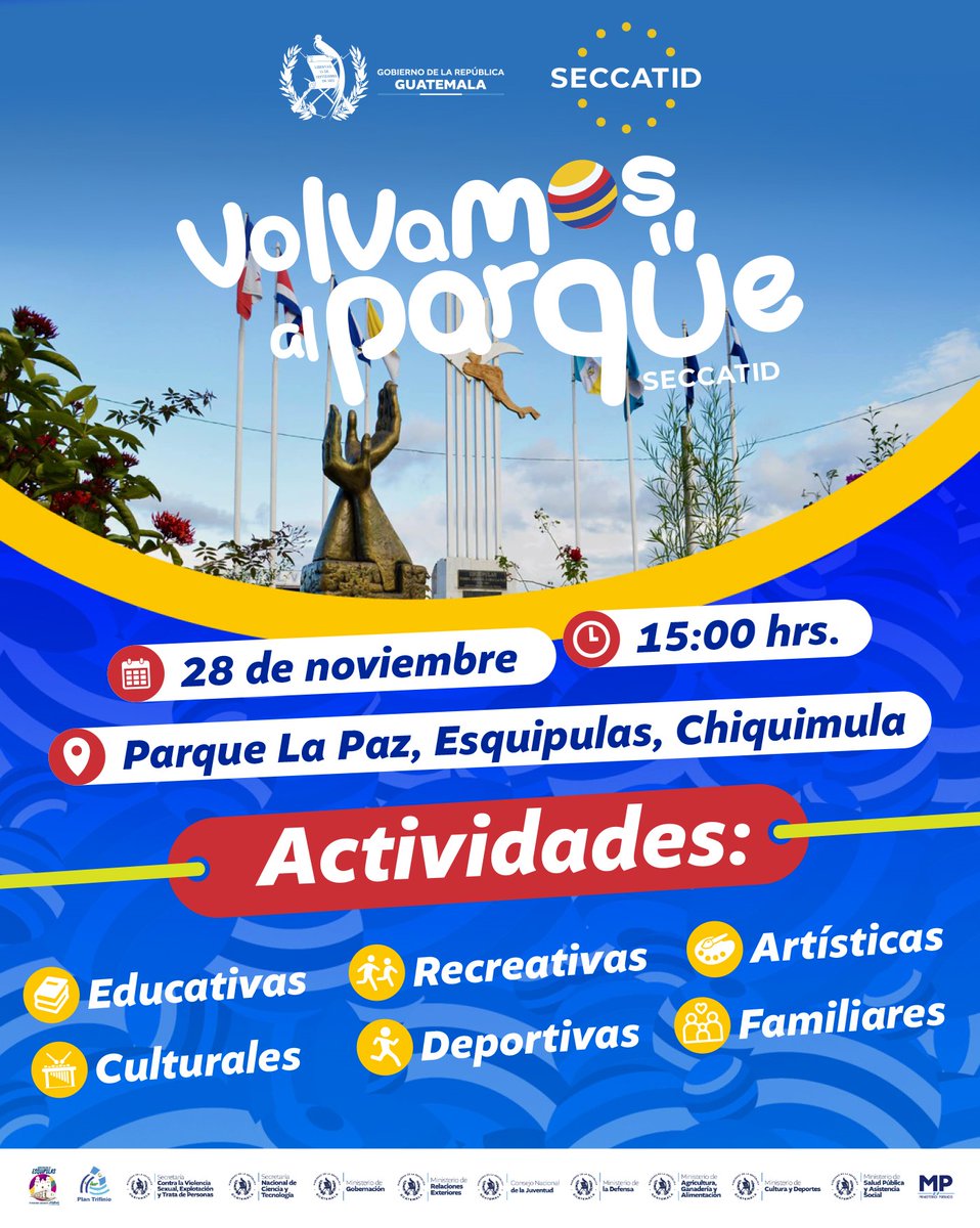 ¡Te esperamos, ven con tu familia y amigos a disfrutar del parque!

@karinherreravp
@vicepresidenciaguate
<a href="/MuniEsquipulas/">Municipalidad de Esquipulas, Chiquimula</a> 
<a href="/plantrifinio/">Prensa Plan Trifinio</a>
<a href="/secretariasvet/">Secretaría SVET</a> 
<a href="/senacytgt/">Senacyt Guatemala</a>
@mcd_guate
<a href="/mingobguate/">MinGob</a>
@minexgt
@conjuveguate_
<a href="/MPguatemala/">MP de Guatemala</a> 
#GuatemalaSaleAdelante 
#VolvamosAlParque