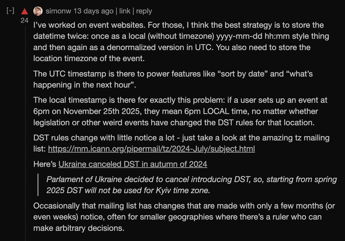 great advice from <a href="/simonw/">Simon Willison</a> on how to store timestamps in a database