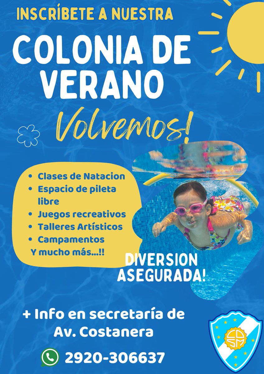 Estamos felices de anunciarles que siii… vuelve la colonia de verano SDM🤸🏻⛹🏻‍♂️🤾🏻‍♀️🧘‍♀️🤽🏻‍♂️🏊🏻‍♀️
Volvemos renovados en instalaciones y con muchas ganas de pasar una divertida y hermosa temporada juntos!!!
📞 2920-306637- Se responde en horario de secretaría.