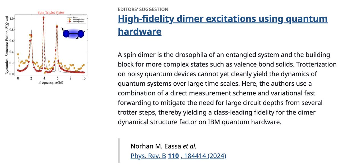 PhysRevB's tweet image. PRB Editors' Suggestion: High-fidelity #dimer excitations using #quantum hardware

Norhan M. Eassa, Joe Gibbs, Zoe Holmes, Andrew Sornborger, Lukasz Cincio et al.
Phys. Rev. B 110, 184414

➡️ go.aps.org/3OC668J
#EdSugg @APSPhysics #condmat #physics