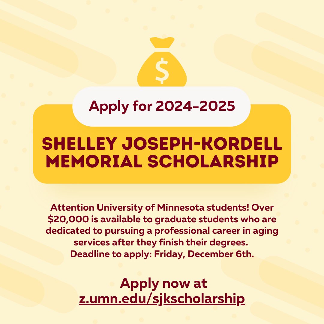 Center for Healthy Aging and Innovation (@umnchai) on Twitter photo Attention University of Minnesota students! 💼✨ Over $20,000 in scholarships are available for those pursuing a career in aging services. Don’t miss this opportunity—apply today! ➡️ z.umn.edu/sjkscholarship
#HealthyAging <a href="/UMNews/">University of Minnesota</a> Attention University of Minnesota students! 💼✨ Over $20,000 in scholarships are available for those pursuing a career in aging services. Don’t miss this opportunity—apply today! ➡️ z.umn.edu/sjkscholarship
#HealthyAging <a href="/UMNews/">University of Minnesota</a>