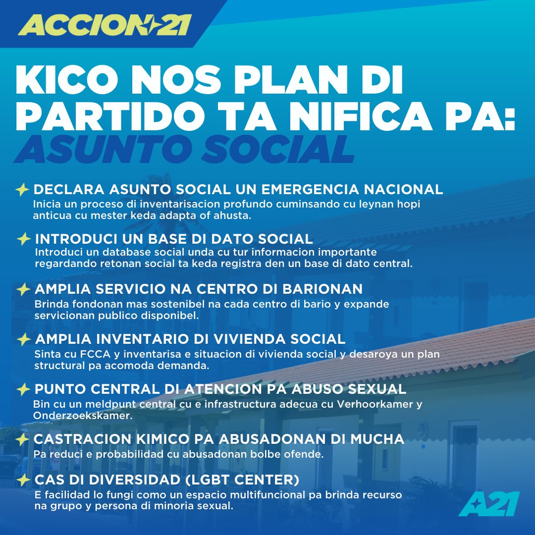accion21aruba's tweet photo. Atende asuntonan social ta esencial pa construi un Aruba mas inclusivo y husto. Nos lo priorisa reformanan urgente, modernisa sistemanan anticua, y crea un espacio sigur pa henter nos comunidad na unda tur hende por biba miho.

Lesa mas: https://t.co/CAPh20k90b 

#ACCION21 #Aruba https://t.co/da4Zx6AOrj