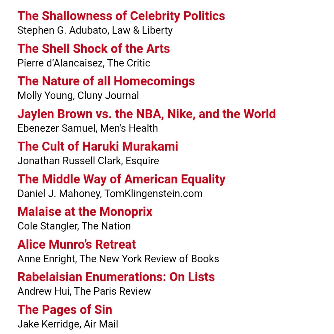 realclearbooks.com
Tuesday reads: <a href="/stephengadubato/">Stephen G. Adubato</a> for <a href="/LawLiberty/">Law & Liberty</a>, <a href="/verdur_in/">Pierre d'Alancaisez (is) Verdurin</a> for <a href="/TheCriticMag/">The Critic</a>, <a href="/jrc2666/">Jonathan Russell Clark</a> for <a href="/esquire/">Esquire</a>, <a href="/ColeStangler/">Cole Stangler</a> for <a href="/thenation/">The Nation</a>, <a href="/JakeKerridge/">jakekerridge</a> for <a href="/AirMailWeekly/">Air Mail</a>, and many others.