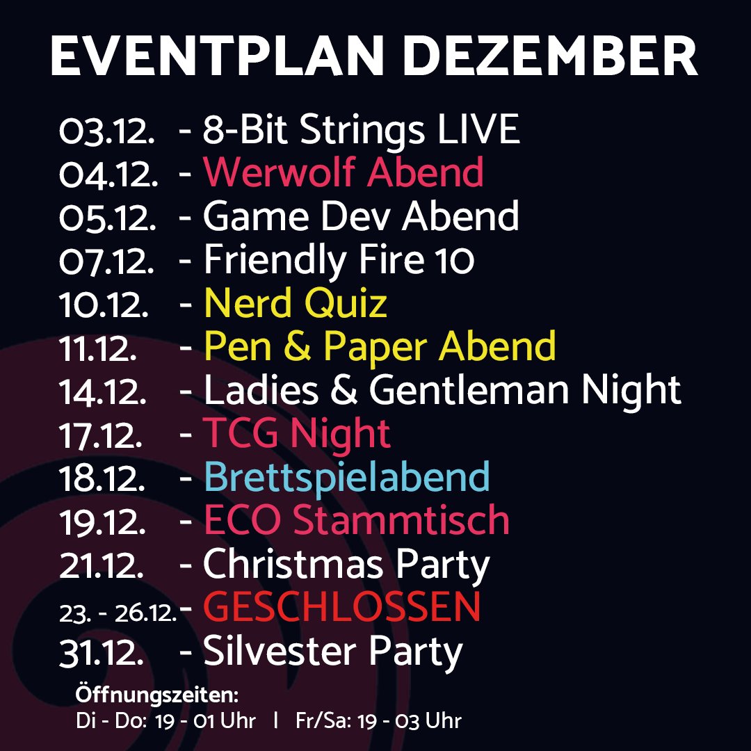Neben unseren Eventreihen haben wir mit "8bit Strings" klassische Videogame-Musik live bei uns, einen Game Dev Abend zum Networken, Friendly Fire 10, die Ladies &amp; Gentleman Night und natürlich zum Abschluss den Ugly Christmas Sweater Contest und unsere Silvester Party.