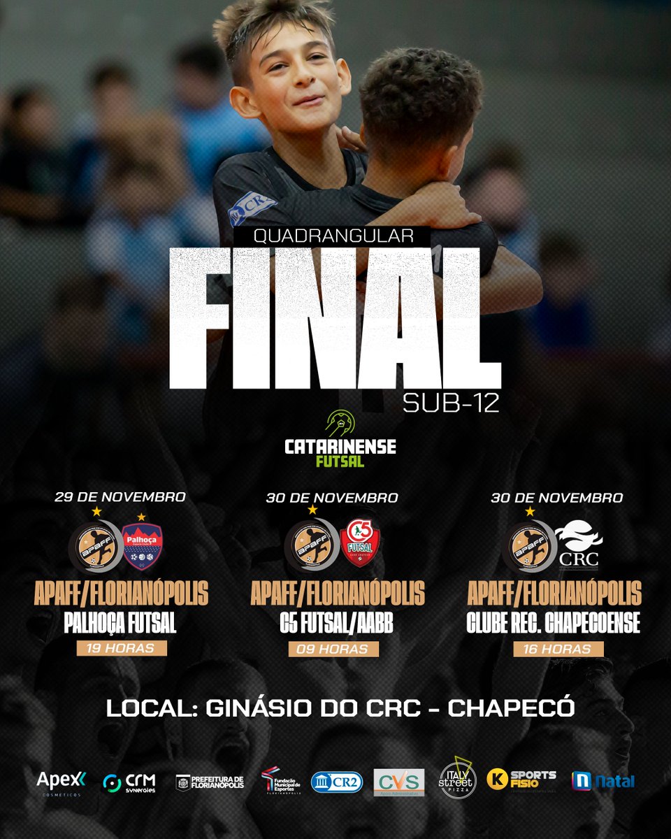 apafffloripa's tweet photo. amos com tudo, APAFF! 💪⚽

Amanhã começa o quadrangular final do Catarinense Sub-12, e estamos prontos para brilhar em Chapecó! 
🌟 Venha torcer com a gente e sinta a emoção dessas partidas decisivas!

🏟 Local: Ginásio do CRC - Chapecó
Vamos juntos em busca do título! https://t.co/N9IAt6e9Sc
