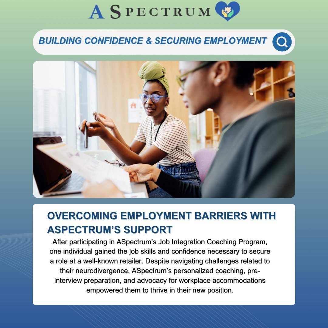 ASpectrumInc's tweet photo. 🚀 Breaking Barriers to Employment!

At ASpectrum, we believe in creating opportunities that empower Neurodivergent individuals to achieve their career aspirations. https://t.co/bdkVxo1VkS