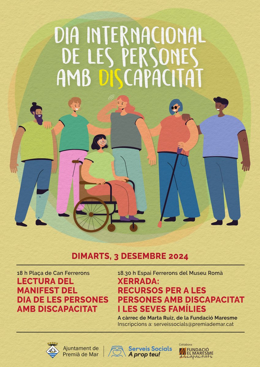 ✅Commemoració del Dia Internacional de les Persones amb Discapacitat
📅Dimarts vinent, 3 de desembre.
⌚️18 h.👉Lectura del manifest del Dia de les Persones amb Discapacitat.📍Plaça de Can Ferrerons🧵 #PremiàDeMar #Maresme #ServeisSocialsPdM #DiscapacitatPdM