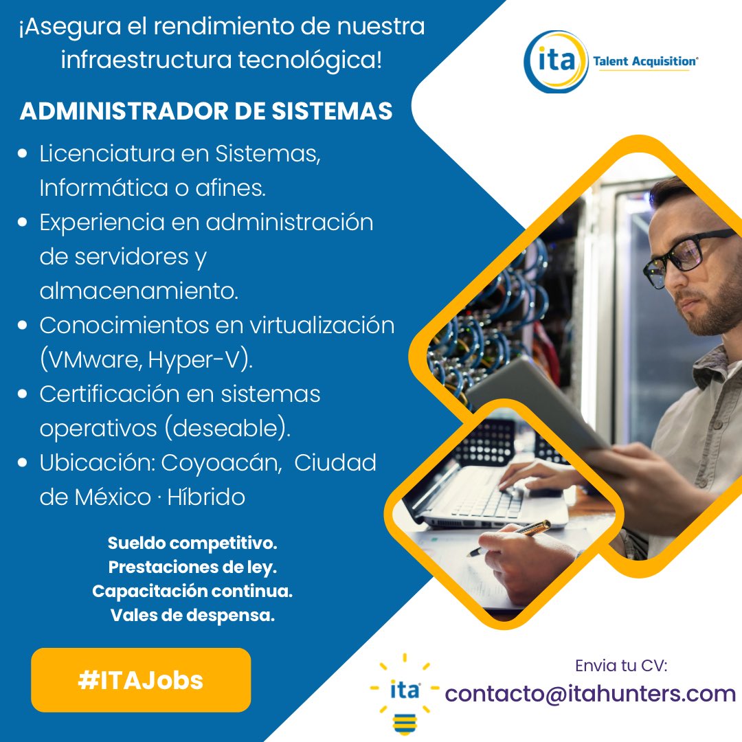itahuntersmx's tweet image. 📢 ¡Estamos contratando! 🌐  

📩 Postúlate ahora enviando tu CV a contacto@itahunters.com. ¡Sé parte de nuestro equipo de expertos en TI!  

#VacanteTI #AdministradorDeSistemas #OportunidadLaboral #ÚneteAlEquipo #CrecimientoProfesional