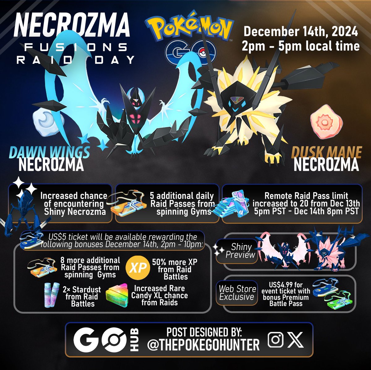 Necrozma Fusion Raid Day brings the return of Dusk Mane Necrozma and Dawn Wings Necrozma to Pokémon GO, on Saturday, December 14, 2024! ☀️ 🌙  Get ready to raid your socks off and farm shiny Necrozma! Full details in the article and our infographic below: pokemongohub.net/post/event/nec…