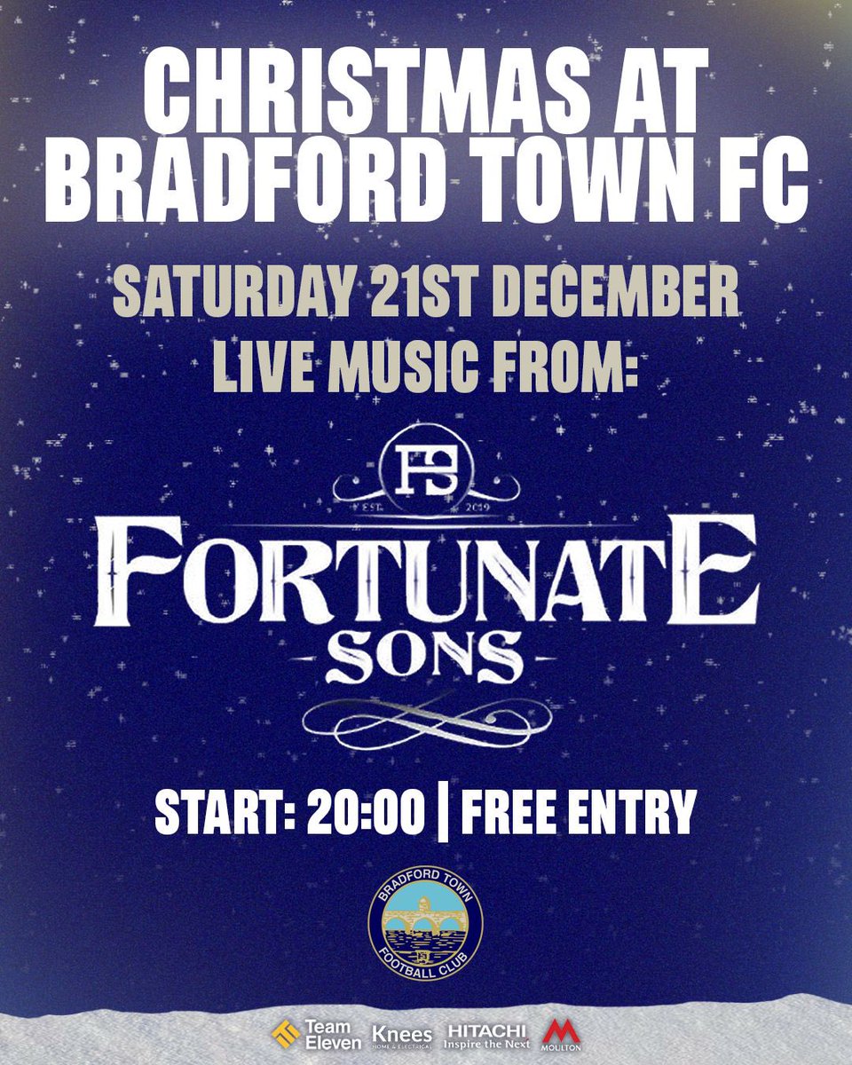 BradfordTownFC's tweet photo. Coming up at Trowbridge Road 🎶
On Saturday 21st December, we are delighted to share that Fortunate Sons will be performing following our home game against Odd Down AFC.
🆓 Admission (band only, matchday pricing still applies)
⏰ 8pm until close.
#BTFC | #BTFCEvents https://t.co/pDRYh68T7C
