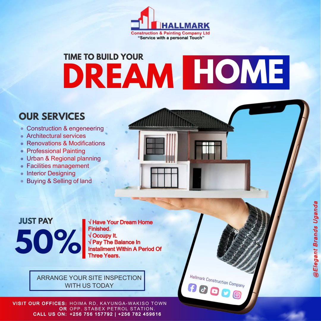 HallmarkCo_Ltd's tweet photo. @nbstv Ready to own your dream home? 

With our Half-Step Homeownership plan, you can own your dream home any where in Uganda by only paying 50% upfront. Enjoy the flexibility &amp; affordability of owning a home without breaking the bank. Contact us today to learn more 0782459616. Check👇 https://t.co/CpNnkIbsjU