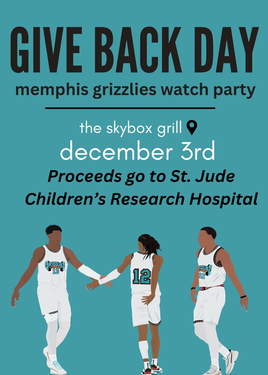 PAKA_FLOCKA's tweet photo. Been waiting to do one of this for a long time…

An Allie’s Allies x SubTsakalidis crossover. As the St. Jude marathon weekend kicks off next weekend, we will be hosting a Grizzlies watch party for 12/3’s Grizzlies/Mavericks game at The Skybox Grill in Collierville.

Food proceeds will go to St. Jude, and we will have a surprise raffle prize as well.

Hope you can make it, and go Grizz