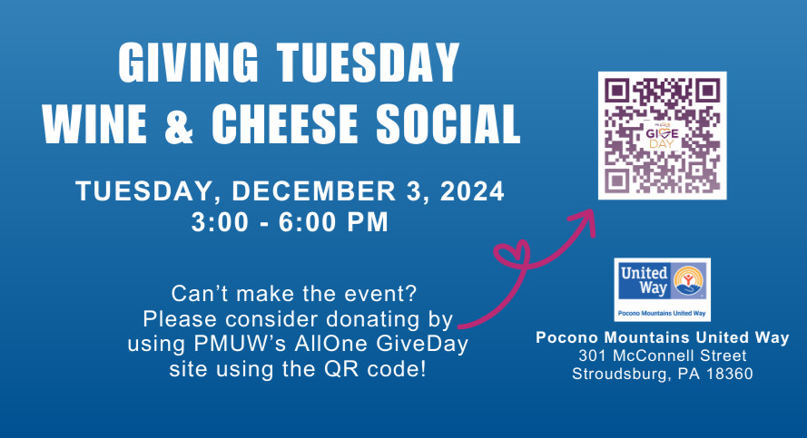 📣GIVING TUESDAY IS 1 WEEK AWAY! Come out to our office in Stroudsburg on Giving Tuesday, Dec. 3 from 3-6pm, for our Wine &amp; Cheese Social &amp; learn more about our programs &amp; the impact they have on our community. RSVP for the social at Events@PoconoUnitedWay.org  #AllOneGiveDay