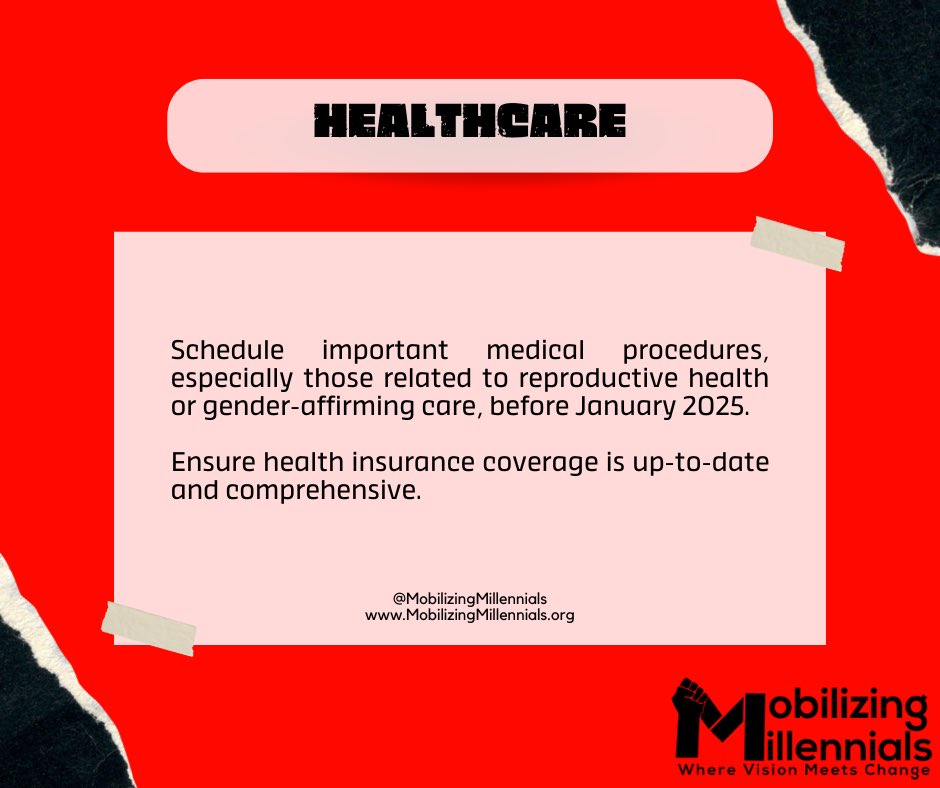 MobiMillennials's tweet photo. 🩺 Healthcare Access Alert 🩺

Project 2025 could impact your healthcare. Schedule procedures, check insurance, and organize records NOW. Your health matters! 💪🏽❤️ 

#MobilizingMillennials #HealthcareAccess #StandStrong2025 https://t.co/ZdRZPbN6b7