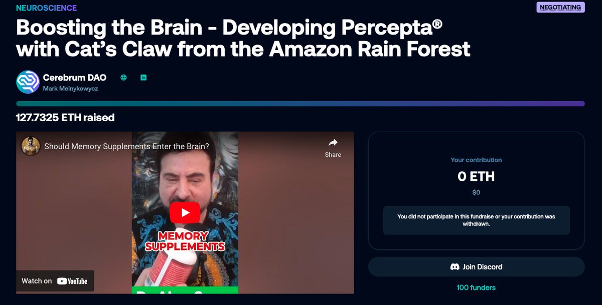 You keep giving us science and we'll keep setting records 🫡

Percepta has just raised 127 ETH in an hour - the largest ticket size we have had on our DeSci funding machine (so far).

Massive congrats to <a href="/Cerebrum_DAO/">Cerebrum DAO 🧠</a> &amp; <a href="/melnykowycz/">Mark Melnykowycz</a>
