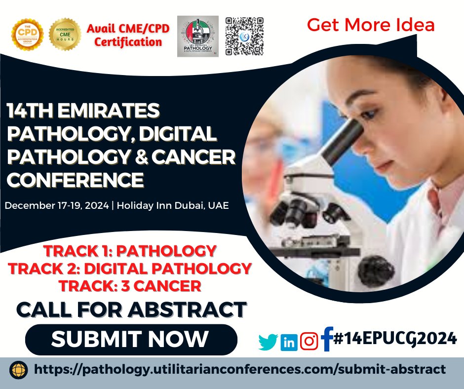 Pathology Experts (@pathologyexper1) on Twitter photo Invitation for Speakers & Poster Presenter
Allow us to present your findings at the 14th Emirates Pathology, Digital Pathology & Cancer Conference "Tracks Related Topic," held in Dubai, UAE & Virtual, from December 17-19, 2024.
Submit here: pathology.utilitarianconferences.com/submit-abstract Invitation for Speakers & Poster Presenter
Allow us to present your findings at the 14th Emirates Pathology, Digital Pathology & Cancer Conference "Tracks Related Topic," held in Dubai, UAE & Virtual, from December 17-19, 2024.
Submit here: pathology.utilitarianconferences.com/submit-abstract