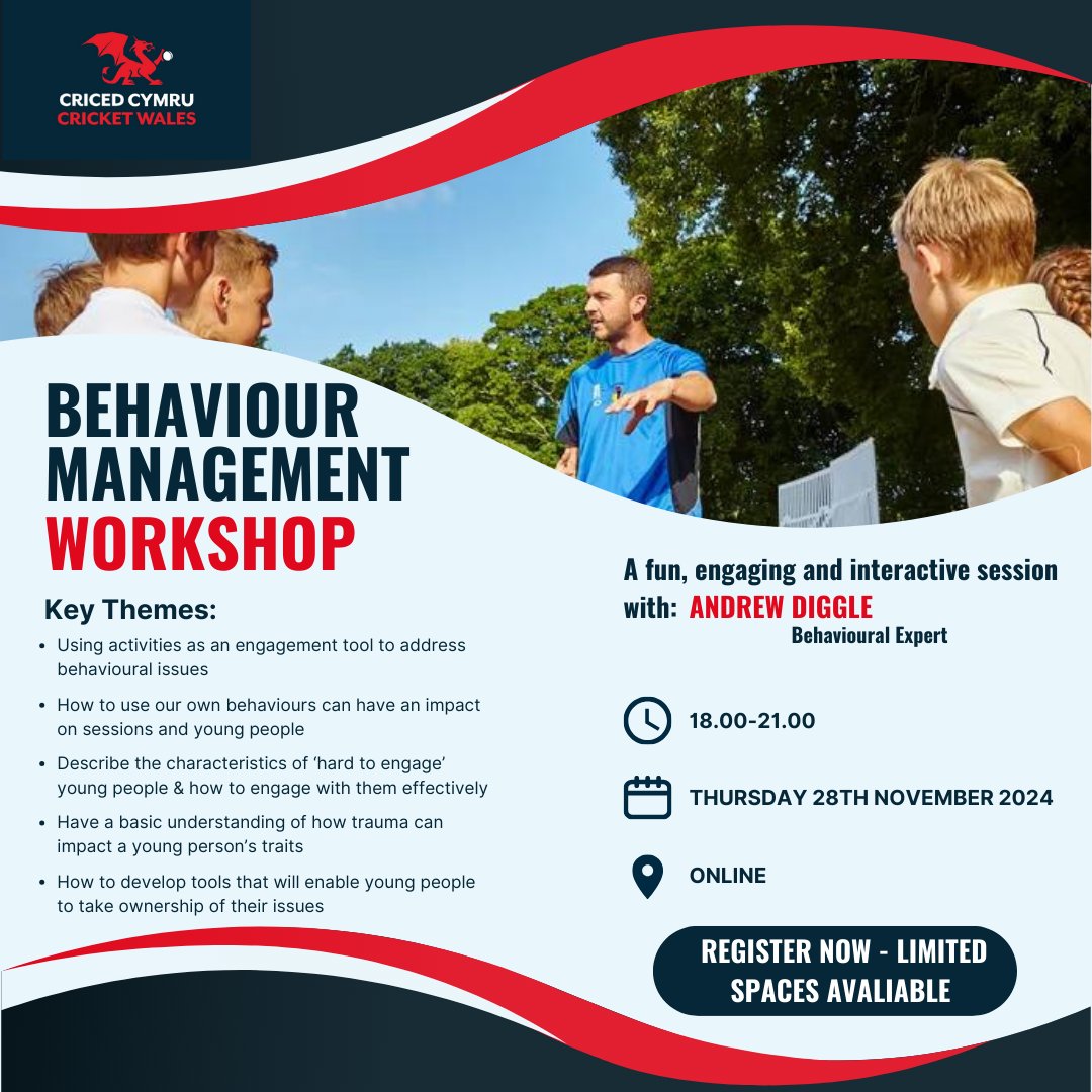 🏏 Calling all coaches! 🏏

Join our online Behaviour Management Workshop and discover powerful strategies to keep your players motivated, engaged, and thriving on and off the field. 🎯✨

📅 Thursday 28th Nov, 6-9pm

💻 Secure your spot now 👇👇👇

booking.ecb.co.uk/OEAAlz