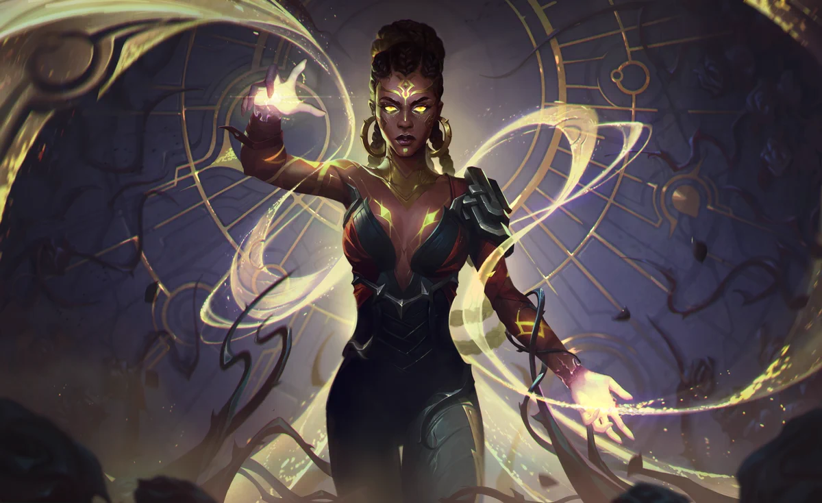 Splash art of 6 cost unit Mel from Teamfight Tactics Into the Arcane