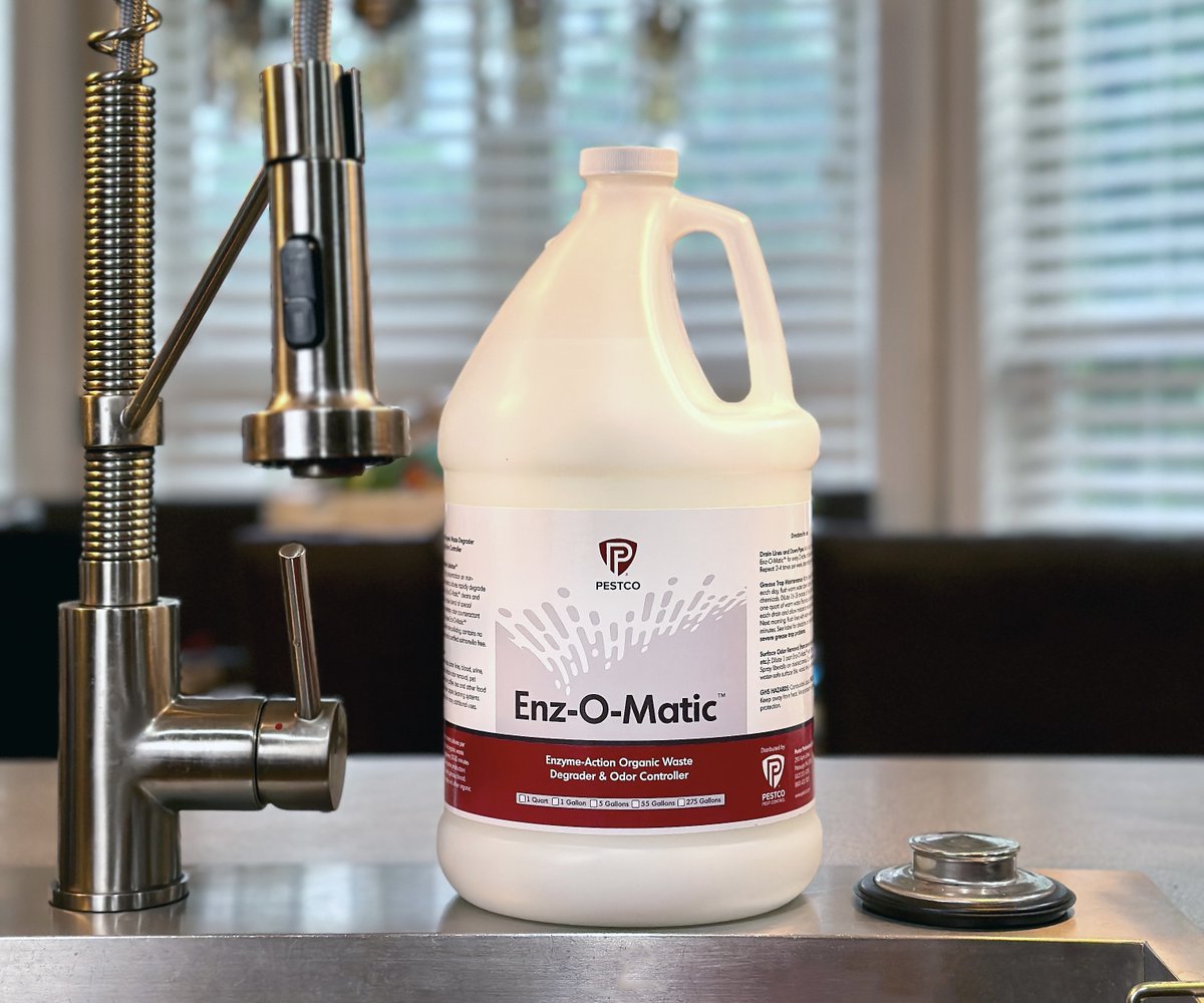 PestcoPro's tweet photo. Did you know enzymes in drain cleaners can safely clear clogs and even combat pests like fruit flies? 🌱🚿 Our Enz-O-Matic does both while protecting pipes and the planet! #SustainableSolutions #DrainCare #PestControl https://t.co/peztoMpwsU