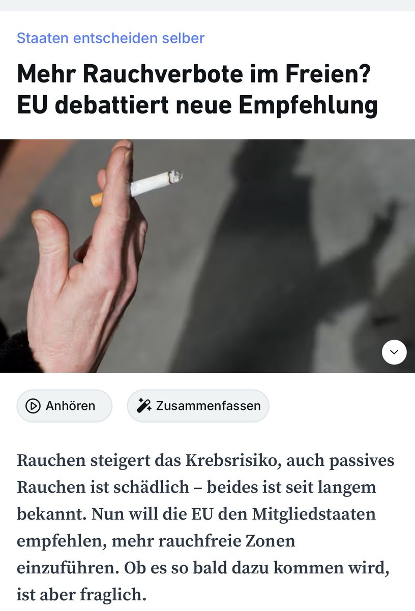 EU plant Rauchverbot - das klickt vielleicht gut und sorgt für Empörung, ist aber einfach falsch. Es ist eine nicht bindende Empfehlung im Kampf gegen Krebs. So sieht eine richtige Überschrift aus👇(via <a href="/RND_de/">RND</a>)