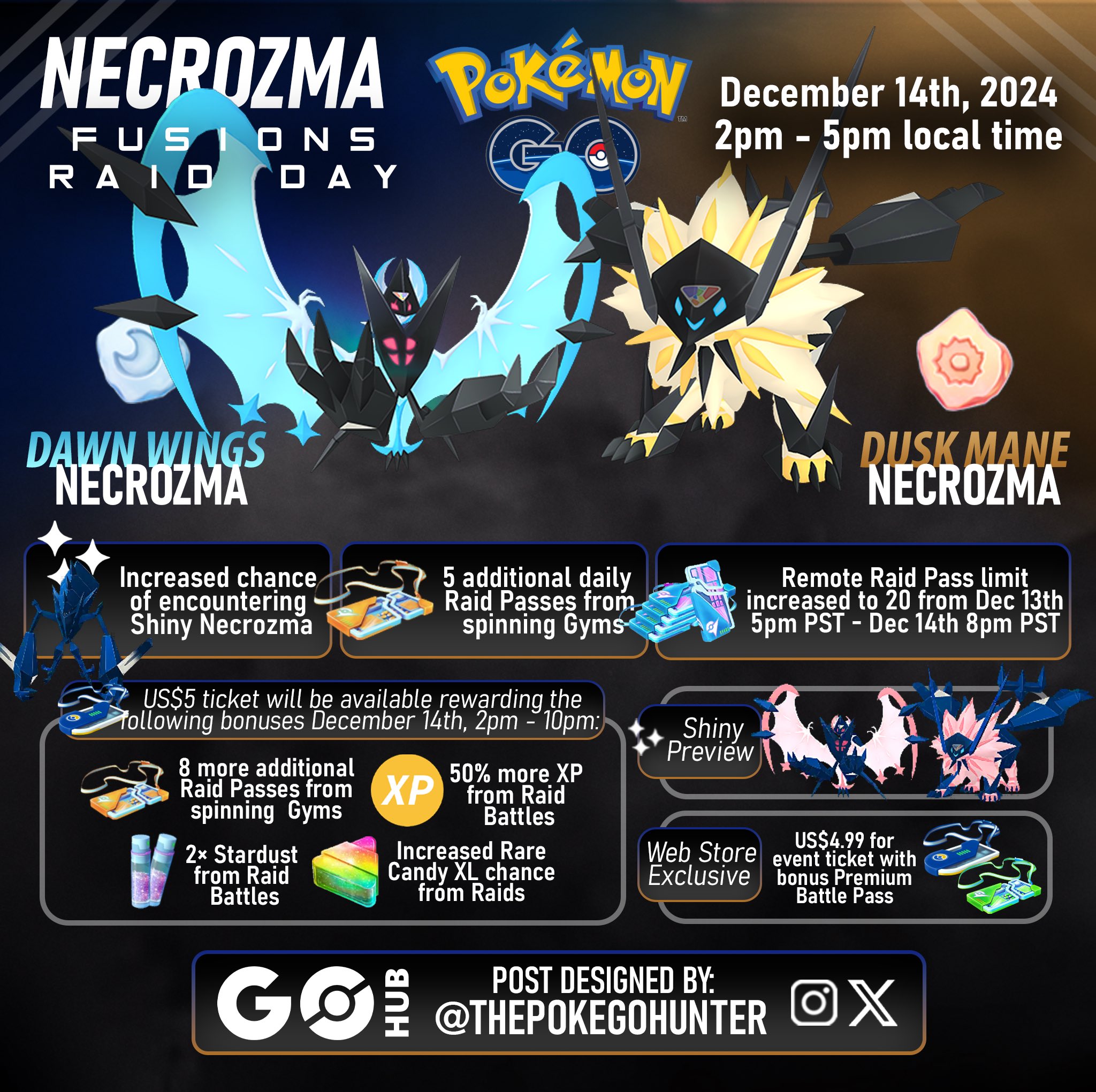 The Poke GO Hunter on X Dawn Wings and Dusk Mane Necrozma return to 5 Star Raids for an upcoming Raid Day on December 14th PokemonGO https t 8QOjwJAwAt X