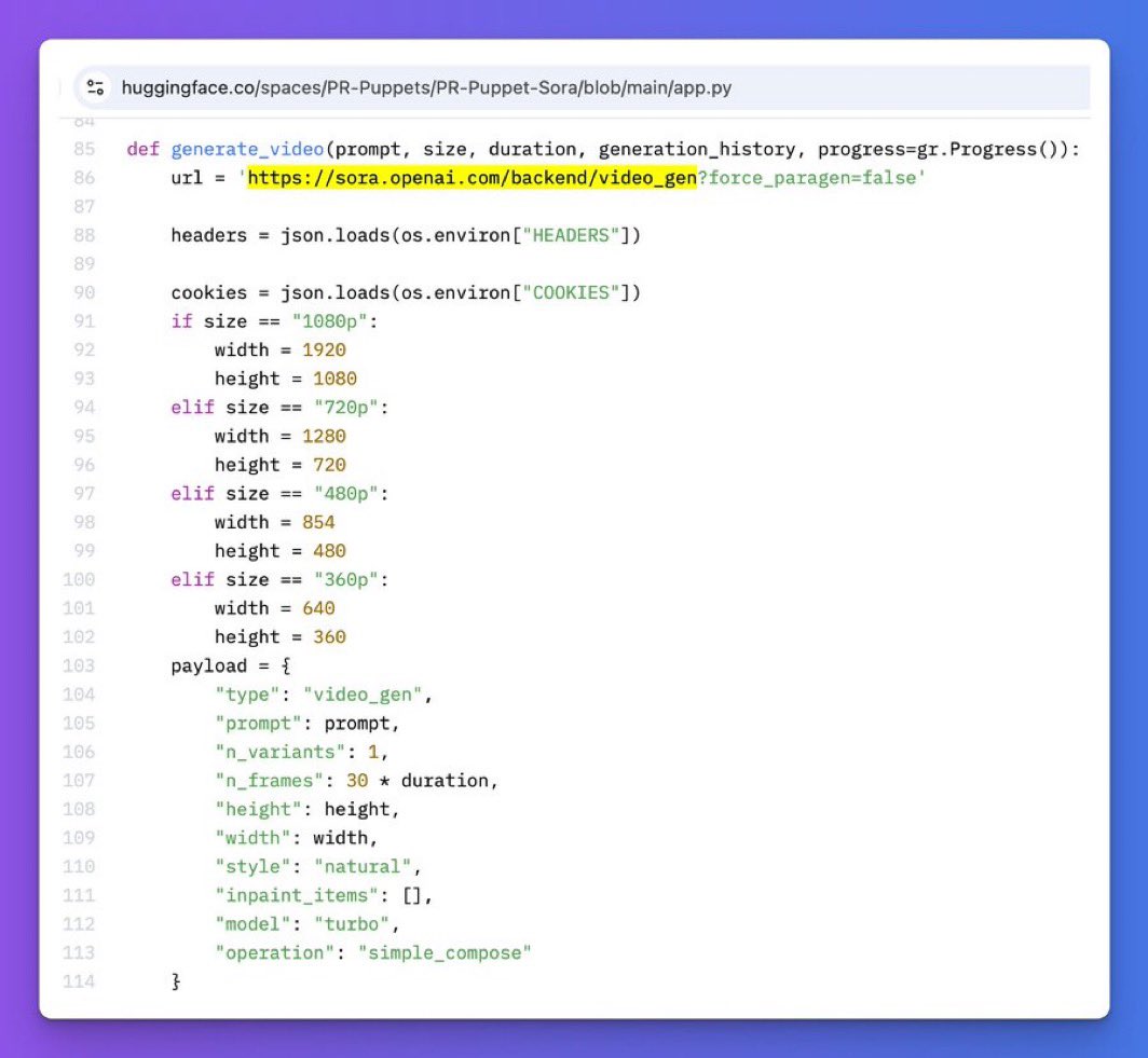 Here’s some code related to OpenAI’s Sora video generator.

So far, we’ve discovered a few controls, including:

Style: Natural
Inpaint: Video inpaint???!!!
Model: Turbo
Resolution: 360P, 480P, 720P, 1080P