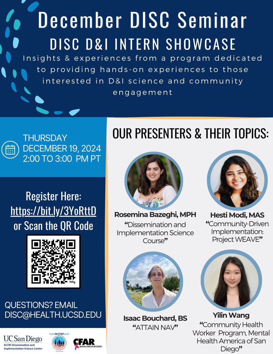 One of the many things we are thankful for is our amazing DISC #impsci Research Interns! Join us Thursday December 19th from 2-3 pm PT for a special DISC Seminar! 

👉Register Here: bit.ly/3YoRttD