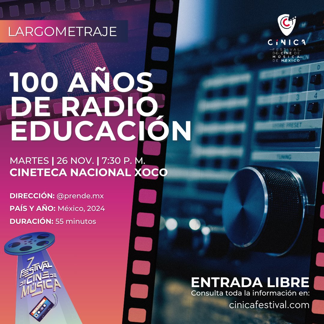 El <a href="/cinicafestival/">Cínica Festival</a> 🎞️ se une al #CentenarioRE 🥳

Dentro de su 7a edición se proyectará el documental realizado por <a href="/aprende_mx/">@prende.mx</a>: 100 años de #RadioEducación 📻🎙️ ¡Asiste!

📆 Martes 26 de noviembre, 19:30 h
📍 <a href="/CinetecaMexico/">Cineteca Nacional</a>
🎟️ #EntradaLibre