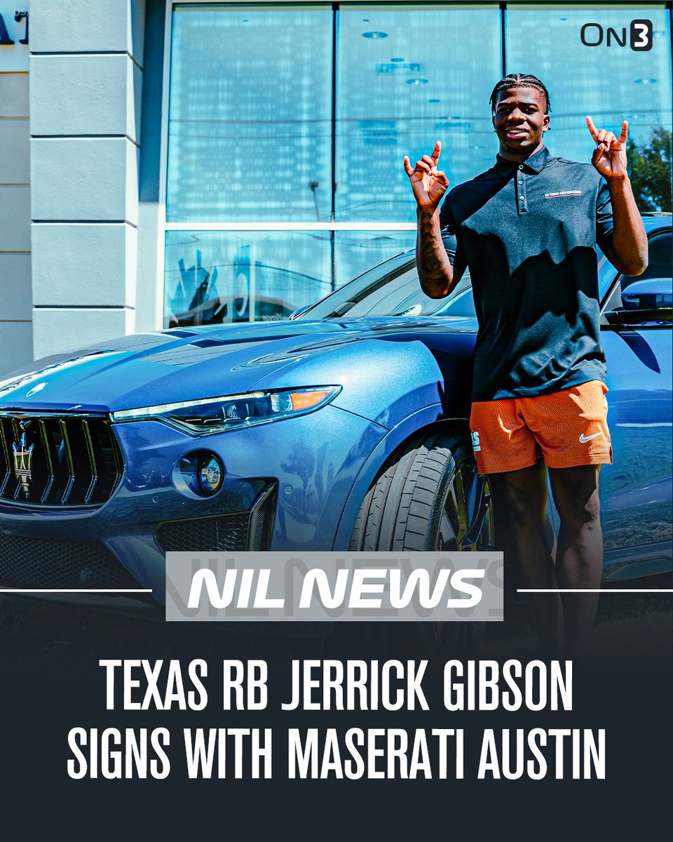 On3NIL's tweet photo. Texas RB Jerrick Gibson has signed an NIL deal with Maserati Austin. 

He's rushed for 338 yards and four touchdowns this season. 

More: https://t.co/7WxbLIgZ6Y https://t.co/zzyQLMgGoJ