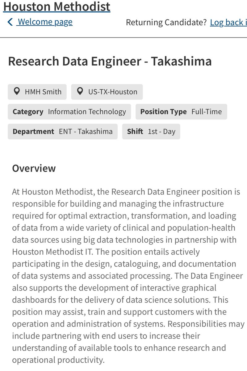 otohns's tweet image. Looking for a AI/ Big data engineer to join our flourishing departmental research team!  Come join us as we continue to push forward in the field of healthcare database engineering and AI algorithms!

careers-houstonmethodist.icims.com/jobs/64198/res…
