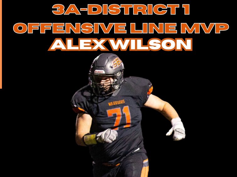 SBLWarriorFB's tweet photo. 3A-District 1 Offensive Line MVP as voted on by district coaches is @alex_wilson2025 CONGRATS on a great season and an outstanding career! https://t.co/OLJjnmBB7w