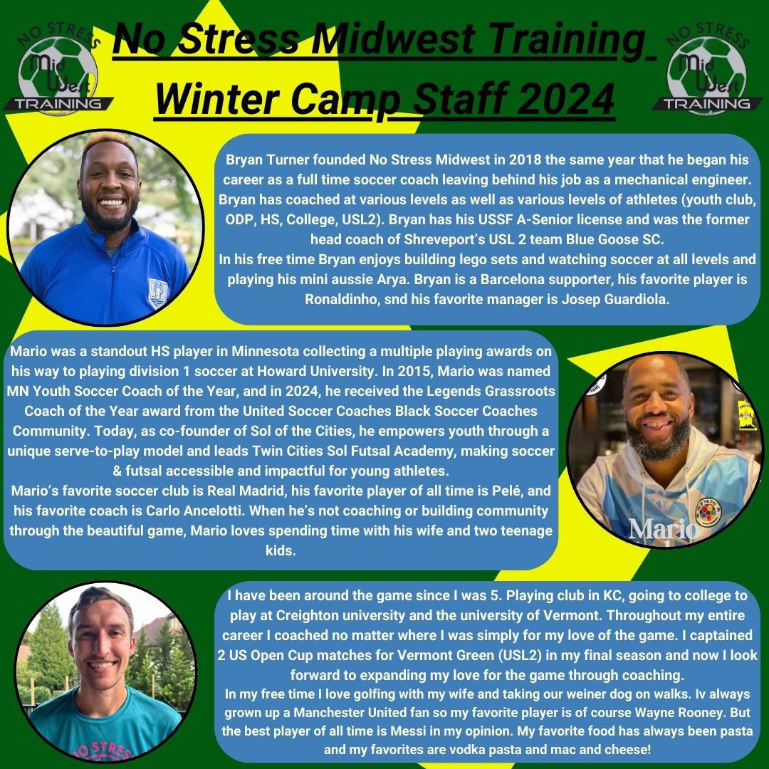 Looking fwd to joining the high powered staff of <a href="/NoStressMidwest/">NoStressMidwest</a> to bring the game to the youth of Bossier, LA! 
⚽️