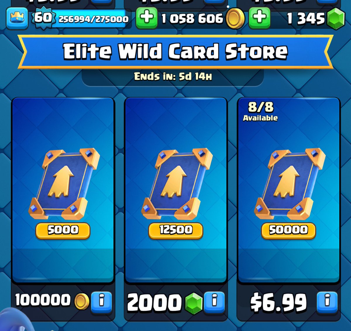 OhLookItsJake's tweet photo. Why are 5,000 elite wild cards 100k gold? You’re telling me it costs 1 mil gold to upgrade a card to level 15? #ClashRoyale #CashRoyale https://t.co/RImmjl1fhx