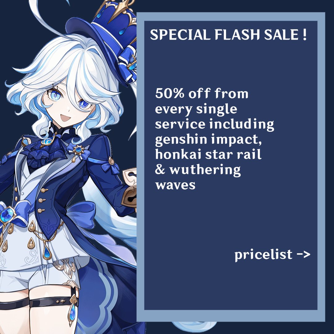 vodyatsar's tweet photo. genshin impact, honkai star rail &amp; wuthering waves services sale ! 🫧

50% off from every single services !!!

ends on 5th december ! DM or fill up the form in bio to avail. #genshinpilot #hsrpilot #wuwapilot https://t.co/DwoQ2T7BOM