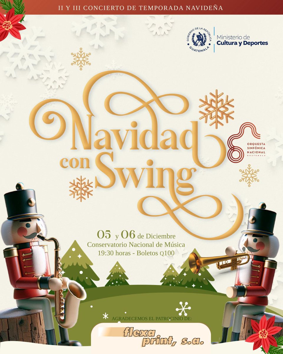 🎄✨ Bienvenidos a la Temporada Navideña ✨🎄

Nos complace invitarlos a disfrutar de nuestros próximos conciertos navideños.

📍 Conservatorio Nacional de Música

📅 5 y 6 de diciembre
⏰ Hora: 19:30

🎟 Boletos en nuestra página oficial:
osn.culturaguate.com/conciertos-de-…