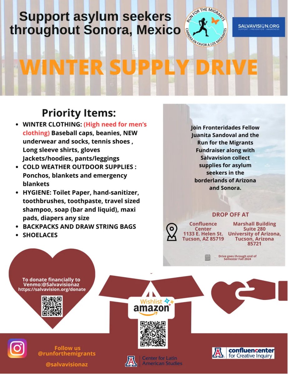Join Fronteridades Fellow Juanita Sandoval and the Run for the Migrants Fundraiser along with Salvavision to collect supplies for asylum seekers in the borderlands of Arizona and Sonora. 

Drive goes through end of fall 2024.