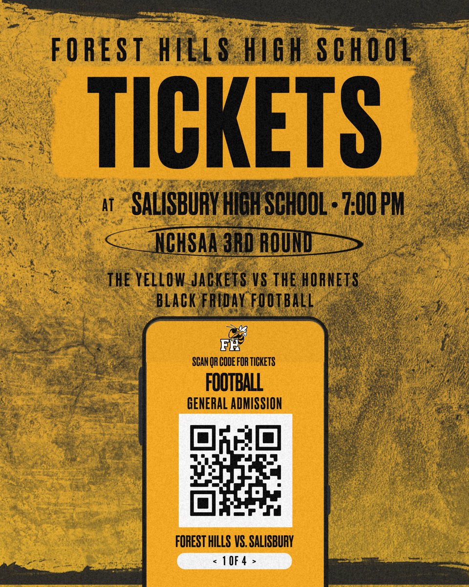 FHHS Athletics (@fhhs_athletics) on Twitter photo BLACK FRIDAY FOOTBALL!!!
Your <a href="/ForestHillsFBNC/">Forest Hills Football</a> will take on Salisbury High School in the 3rd Rd of the @nchsaa Football Playoffs. Scan the code or go to <a href="/GoFanHS/">GoFan</a> for Tickets
<a href="/AGHoulihan/">Andrew G. Houlihan</a> <a href="/UCPSNC/">Union County Public Schools</a> <a href="/UCPSNCAthletics/">UCPS NC Athletics</a> BLACK FRIDAY FOOTBALL!!!
Your <a href="/ForestHillsFBNC/">Forest Hills Football</a> will take on Salisbury High School in the 3rd Rd of the @nchsaa Football Playoffs. Scan the code or go to <a href="/GoFanHS/">GoFan</a> for Tickets
<a href="/AGHoulihan/">Andrew G. Houlihan</a> <a href="/UCPSNC/">Union County Public Schools</a> <a href="/UCPSNCAthletics/">UCPS NC Athletics</a>
