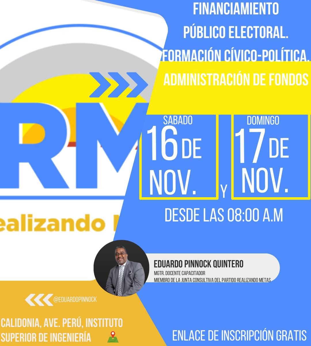 Copartidarios de Realizando Metas asiste este sábado 16 y domingo 17 de noviembre a la capacitación denominada: Financiamiento Público Electoral. Formación Cívico-Político. Administración de Fondos.
Será supervisado por el Tribunal Electoral. Certificación para participantes.