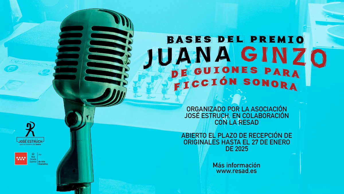 Gorka Zumeta (@gzumeta) on Twitter photo ✔️Convocada la primera edición del 'Premio Juana Ginzo para guiones de ficción sonora'
▶️Convocado por la <a href="/ResadMadrid/">Resad Madrid</a> y la Asociación José Estruch
👉Recepción de trabajos hasta el 27 de enero
👉300€ y la producción de la obra por #Radio Resad
🔴gorkazumeta.com/2024/11/convoc… ✔️Convocada la primera edición del 'Premio Juana Ginzo para guiones de ficción sonora'
▶️Convocado por la <a href="/ResadMadrid/">Resad Madrid</a> y la Asociación José Estruch
👉Recepción de trabajos hasta el 27 de enero
👉300€ y la producción de la obra por #Radio Resad
🔴gorkazumeta.com/2024/11/convoc…