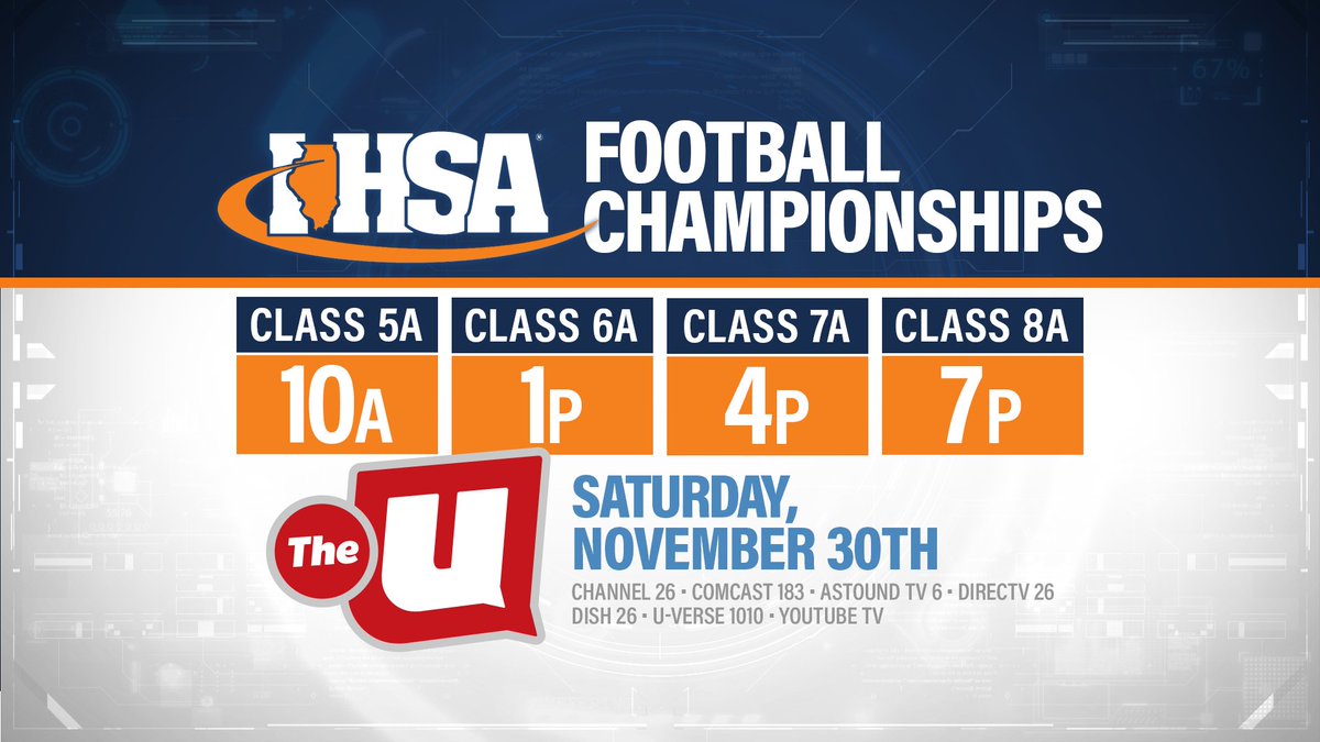 wciu's tweet photo. Our @IHSA_IL football broadcasts continue with the 5A-8A games. Check out the lineup &amp; tune in on #TheU⬇️

5A: @FootballNaz vs. @HilltoppersFB at 10A
6A: @GenevaViking vs. East St. Louis at 1P
7A: @BataviaFootball vs. @CaravanFootball at 4P
8A: @Loyola_FB vs. @YorkDukesFB at 7P https://t.co/WzYXArVgI8