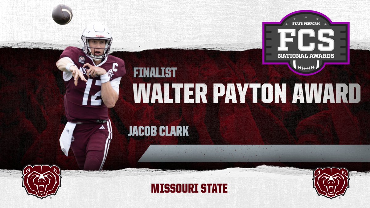 Missouri State Football (@mostatefootball) on Twitter photo Congrats <a href="/JacobClark_12/">Jacob Clark</a> on being named as a finalist for the 2024 Walter Payton Award
#OutHitOutHustle Congrats <a href="/JacobClark_12/">Jacob Clark</a> on being named as a finalist for the 2024 Walter Payton Award
#OutHitOutHustle