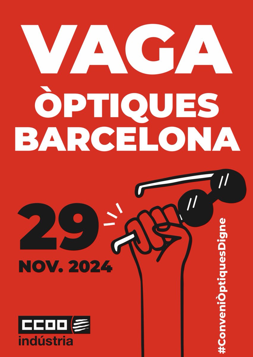 💥 El 29N, vaga al sector d'òptiques de BCN

🚫Davant el bloqueig de la patronal, exigim un #ConveniÒptiquesDigne 

📢 Actuem 💪

ccoo.cat/industria/noti…