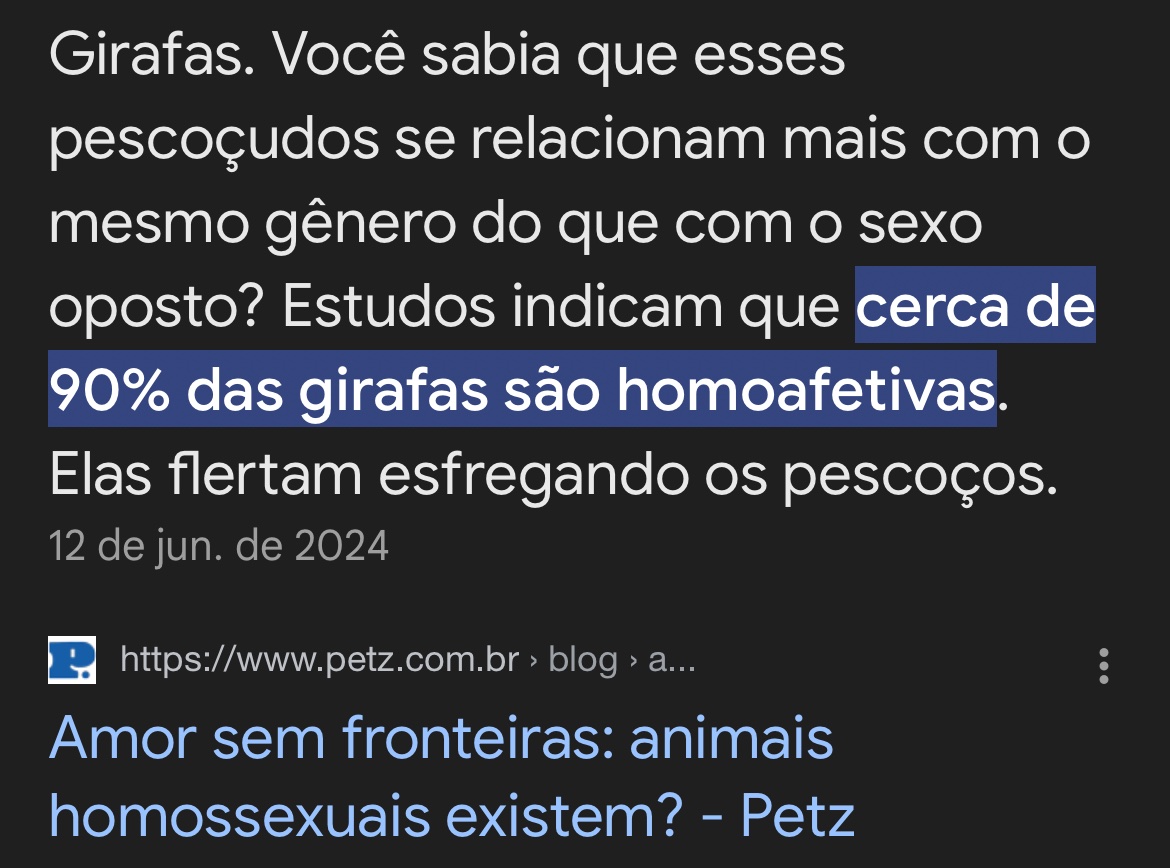 Minha sobrinha chegou triste em casa e soltou: “Ah, as girafas estão em extinção porque elas são gays”

Eu fiquei “?????” e fui pesquisar e MANO KKKKKKKKKKKKKKKKK GIRAFAS GAYS