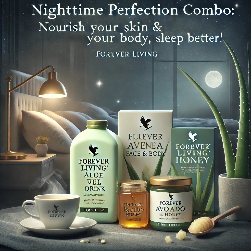 Nighttime Perfection Combo 
Recharge your body and skin with the perfect pairing from Forever Living
Aloe Vera GelBoost hydration and wellness
 Forever Bee Honey – Sweeten your evening tea for a restful night.
Aloe Avocado Face &amp; Body Soap Cleanse and nourish your skin before bed