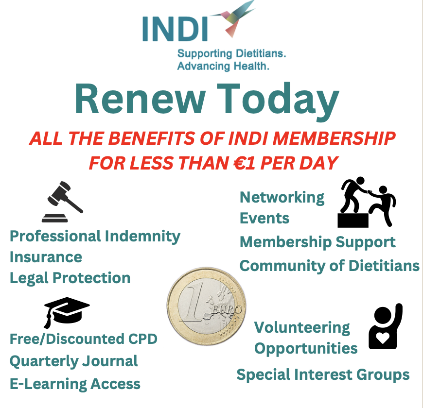 Have you renewed your membership yet? What can you get these days for only €1 per day? Renew at INDI.ie We can't wait to have you onboard #Dietitians #WeProtectYou #WeSupportYou