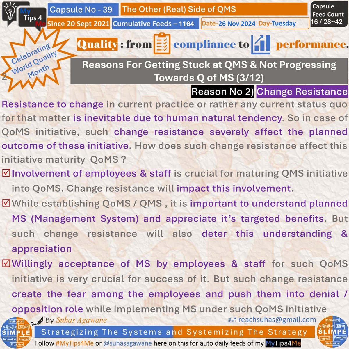 SuhasAgawane's tweet photo. Reasons   For Getting Stuck at #QMS &amp; Not Progressing Towards #QofMS (3/12)

 #Tuesday Feed 1164 (16/28~42) From Morning Yo Tips For Managerial   Excellence #MyTips4Me capsule - 39 'The Other (Real) Side of QMS'

#Leadership #Startup #Management #System #WQM2024 #WQW2024 #Quality https://t.co/Sodj9sPv4k