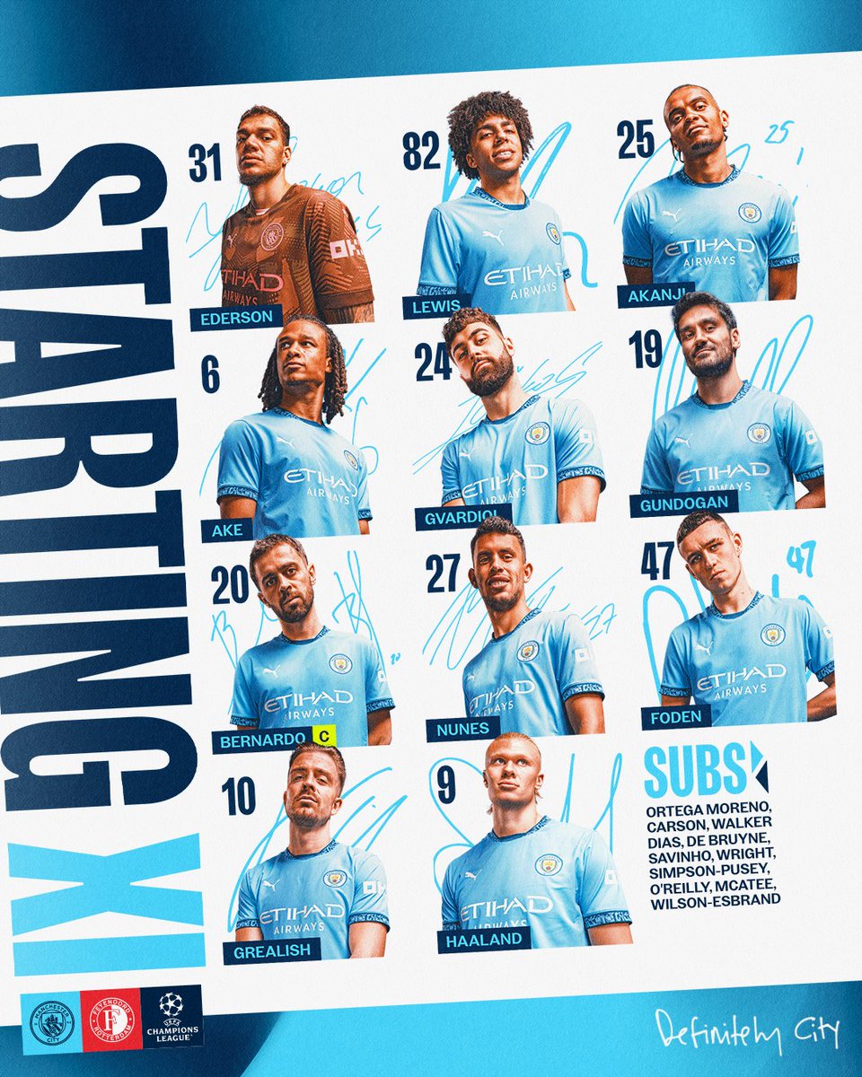 ManCity's tweet photo. Tonight’s line-up 📝

XI | Ederson, Lewis, Akanji, Ake, Gvardiol, Gundogan, Bernardo (C), Nunes, Foden, Grealish, Haaland

SUBS | Ortega Moreno, Carson, Walker, Dias, De Bruyne, Savinho, Wright, Simpson-Pusey, O'Reilly, McAtee, Wilson-Esbrand

#ManCity | #UCL https://t.co/zkybv3kXNF